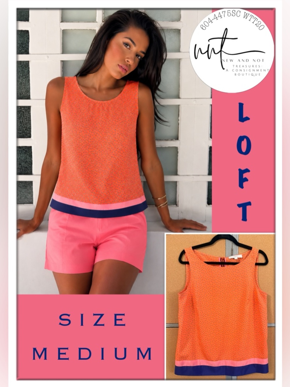 LOFT Coral Sleeveless Blouse Medium Polka Dot Colorblock Tie Back Top